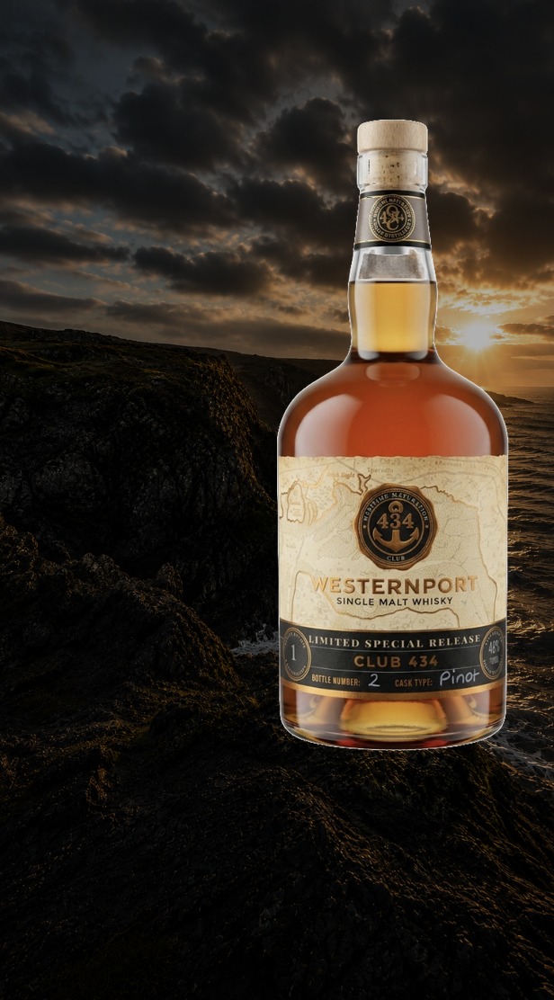 Westernport single malt whisky bottle on the Victorian coastline at sunset